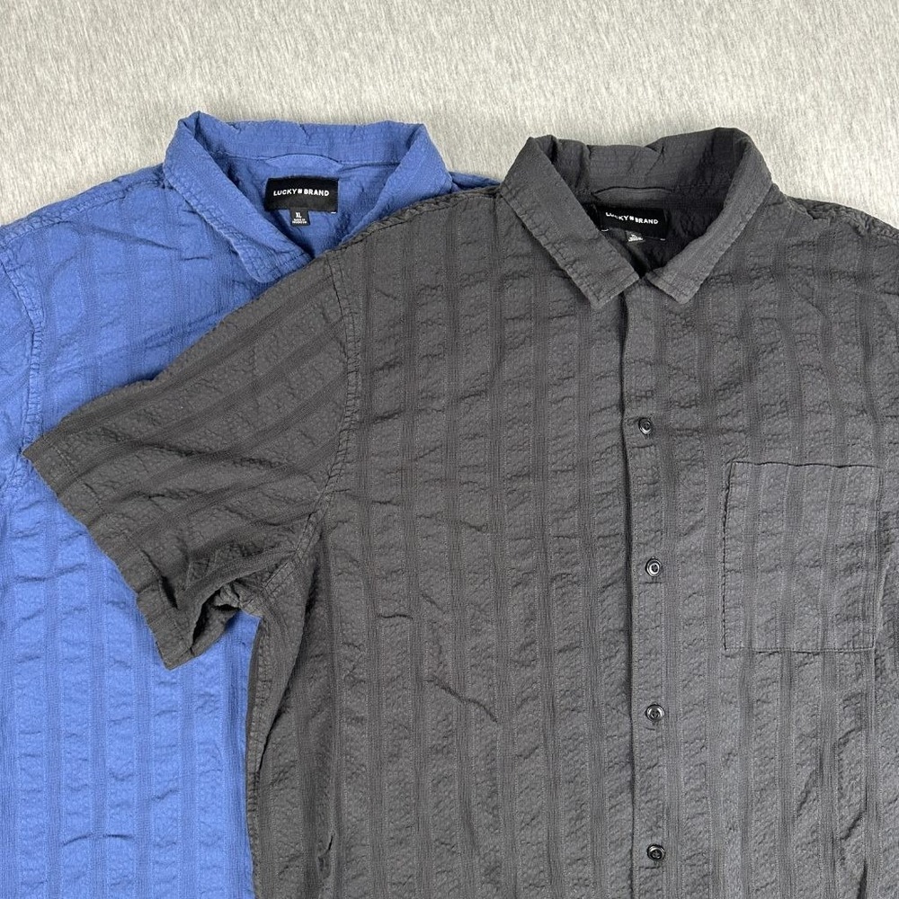 Lucky Brand Mens XL Texture Camp Shirt Lot of 2 Blue Black Short Sleeve